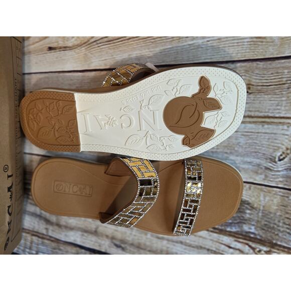 NCAI Flat Sandals Rhinestone Tan Gold - Picture 3 of 4